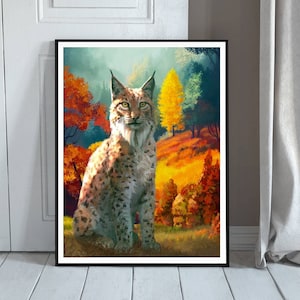 Autumn Animal Art - Lynx Wall Art Print - Nature Painting - Iberian Lynx - Endangered Animals - Wildlife Conservation - European Animal Art