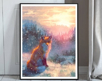 Snowy Fox Art Print - Woodland Winter Scenic Artwork - Snow Fox Forest Art - Arctic Fox Painting - Fox Familiar Spirit Nature Art Print