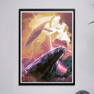 May include: A digital art print featuring two whales swimming through a stormy sky with lightning bolts. The whales are a dark blue and a light blue, and the sky is a vibrant yellow and pink.