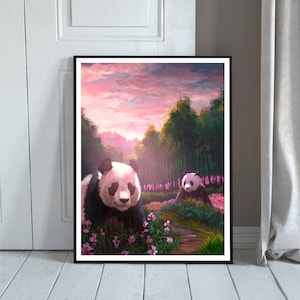 Spring Painting - Chinese Panda Art Print - Far East Pink Sunrise - Giant Pandas in the Morning - Bamboo Green Landscape Art