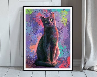 Black Cat Painting Print - Cat Art - Black Cat Print - Black cat Art Gifts - Cat Wall Art - Abstract Home Decor - Illustration Giclee Print