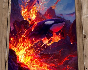 Magical Art Print - Flying Lava Whales - Handpainted Orca Artwork - Climate Change Awareness - Independent Artist