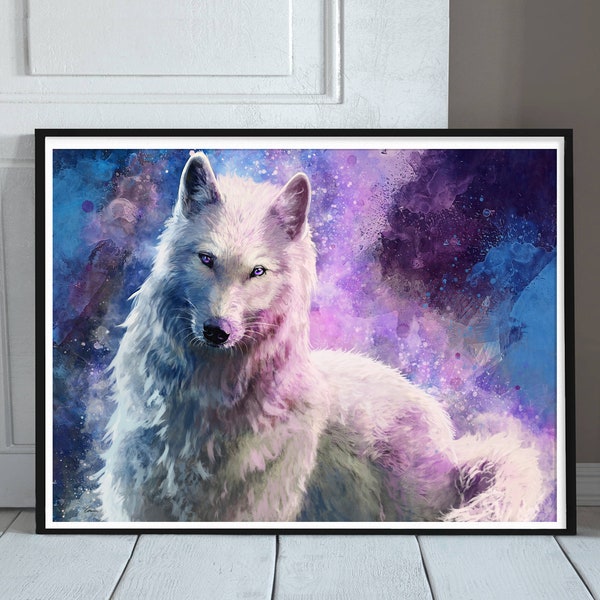 Wolf Print - Space Art - White Wolf Painting - Purple Wall Art - Wolf Home Decor - Art for Girls Room - Unusual Wall Art - Wolf Art Print