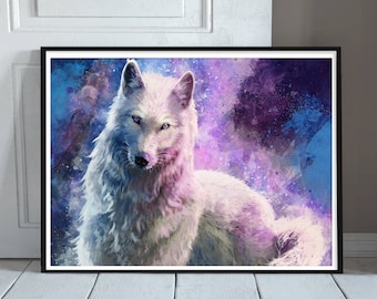 Wolf Print - Space Art - White Wolf Painting - Purple Wall Art - Wolf Home Decor - Art for Girls Room - Unusual Wall Art - Wolf Art Print