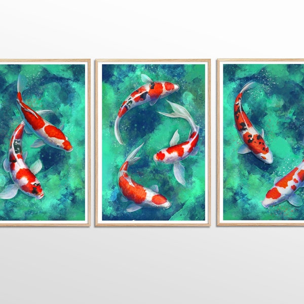Lot de 3 impressions - impression de peinture de poissons koi - art japonais - affiche d'art mural zen - ensemble d'impressions - impressions relaxantes - impression d'art méditation japon