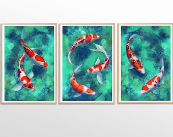 Set of 3 Prints - Koi Fish Painting Print - Japanese Art - Zen Wall Art Poster - Print Set - Relaxing Prints - Meditation Japan Art Print
