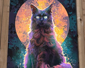 Black Cat Moonlight Art Print - Cat Art - Iridescent Animal Artwork - Cat Wall Art - Moon Animal Art - Cat Wall Art Print - Purple Cat