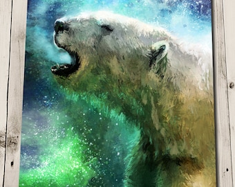 Eisbär Art Print - Nordlichter Art Print - Polarlichter Druck - Aurora Borealis Art Print - Bedrohte Tiere - Eisbär Gemälde Druck
