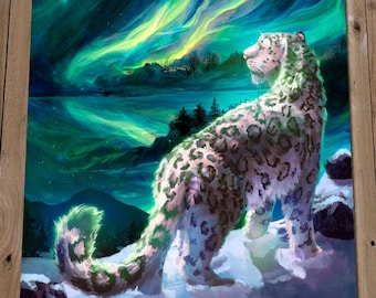 Snow Leopard Print - Aurora Borealis Art Painting - Fantasy Winter Landscape Art - Snowy Night Big Cat - Endangered Animal Artwork