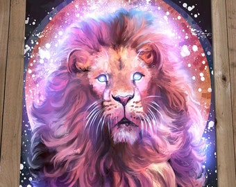 Tier Kunstdruck - Fantasy Löwe Nova Malerei - Magische Wanddekoration - Astrologisches Sternzeichen Löwe - Große Katzen Bild - Lila Tier Kunstdruck