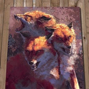 May include: A painting of three red foxes with their mouths open, showing their teeth. The foxes are in a dark, shadowy background with a light, hazy glow around them.
