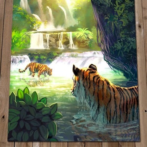 Tiger Baths Art Print - Tiger Illustration Tropical Painting - Big Cat Wall Decor - Bathing Tigers in Water Artwork - Jungle Waterfall Tiger