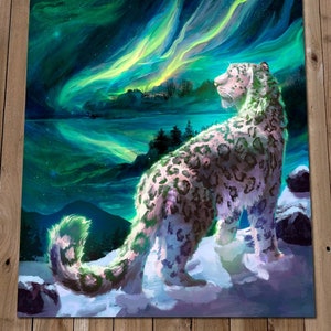 Snow Leopard Print - Aurora Borealis Art Painting - Fantasy Winter Landscape Art - Snowy Night Big Cat - Endangered Animal Artwork