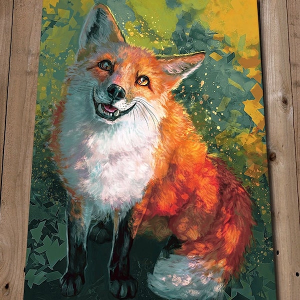 Impression d'art renard heureux - impression d'art originale renard roux - style à l'huile - renard assis - impression d'art animalier giclée - impression peinture renard