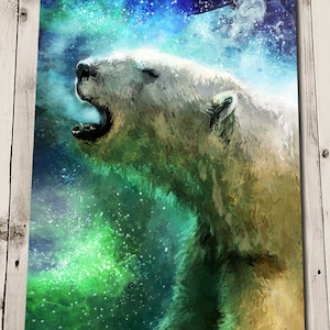 Polar Bear Art Print - Arctic Print - Northern Lights Art - Aurora Borealis Art - Endangered Animals - Polar Bear Painting Print