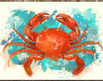 Crab Art - Coastal Decor - Nautical Print - Red Crab Print - Watercolor Sea Art - Beach Wall Art - Ocean Nursery Art - Crab Print