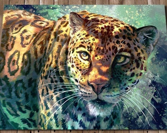 Big Cat Wall Art - Jaguar Art Print - Safari Animals - Green Wall