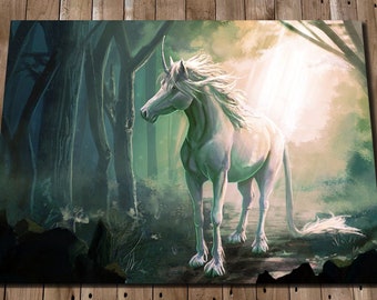 Unicorn Art Print - Wandering Unicorn in a Forest Painting - Fantasy art for Girls Room - Unicorn Artwork - Direct From Artist