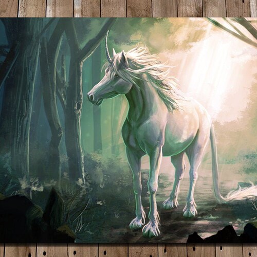 Gothic Picture Framed Print Mythological White Unicorn in a Autumn Forest 