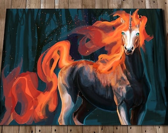 Fire Elemental Unicorn - Fire Horse Art Print - Mystic Unicorn Wall Art - Giclee Fantasy Art Print - Fire Horse Decor - Dark Unicorn Art
