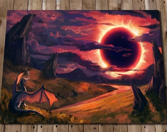 Fantasy Art Print - Dragon Eclipse Painting Print - Fantasy Artwork Decor Illustration - Direct from Artist