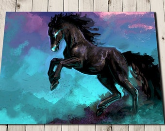 Horse Painting Print - Black Horse Gift - Fantasy Art - Colourful Wall Art - Art for Girls Room - Horse Print - Colorful Art Print