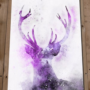 Stag Print - Purple Wall Art - Colourful Watercolour Nursery Art - Deer Head Painting - Home Decor - Woodland Animals Picture - Nature Gift