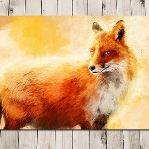 May include: A watercolor painting of a red fox with a white chest and a yellow background.