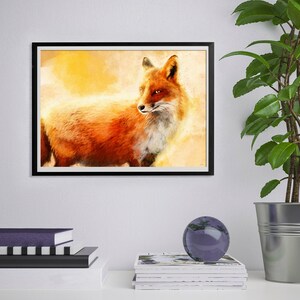May include: A watercolor painting of a red fox with a yellow and orange background. The fox is looking to the left of the image.