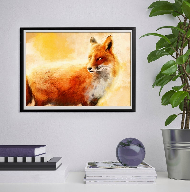 May include: A watercolor painting of a red fox with a yellow and orange background. The fox is looking to the left of the image.