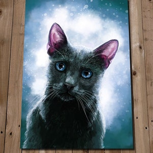 May include: A painting of a gray cat with blue eyes, looking directly at the viewer. The cat has pink ears and is set against a blue and white background.