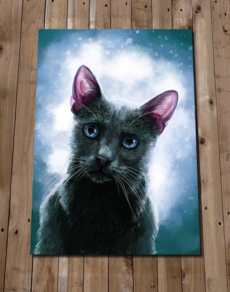 May include: A painting of a gray cat with blue eyes, looking directly at the viewer. The cat has pink ears and is set against a blue and white background.