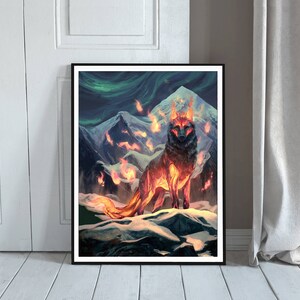 May include: A fiery wolf stands on a snowy mountain peak, surrounded by flames. The wolf's fur is a mix of black and orange, with flames licking at its body. The background is a dark blue sky with green and purple clouds.
