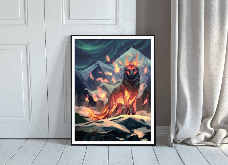 May include: A fiery wolf stands on a snowy mountain peak, surrounded by flames. The wolf's fur is a mix of black and orange, with flames licking at its body. The background is a dark blue sky with green and purple clouds.