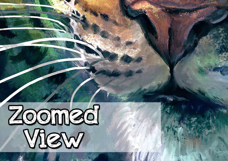 May include: Close-up of a tiger's face, showing its nose and whiskers. The tiger's fur is a mix of brown, orange, and black, and its nose is pink. The background is a blurry green and blue.