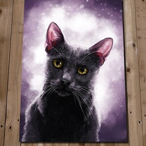 May include: A black cat with yellow eyes stares directly at the camera. The cat is painted in a realistic style against a purple and white background.
