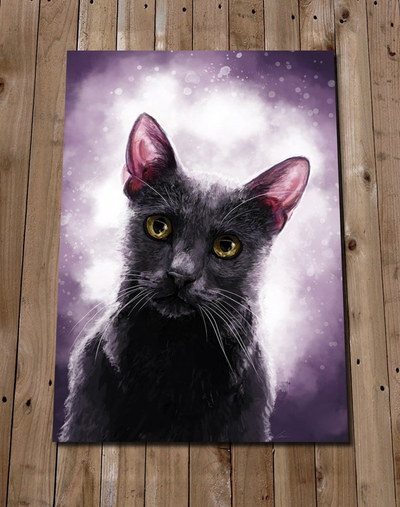 May include: A black cat with yellow eyes stares directly at the camera. The cat is painted in a realistic style against a purple and white background.
