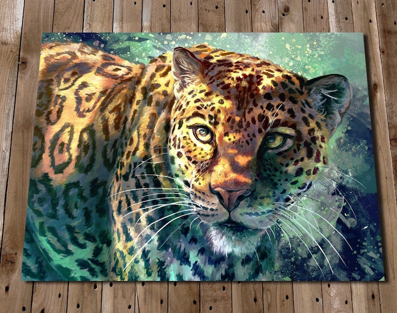 Big Cat Wall Art Jaguar Art Print Safari Animals Green Wall Art Big Cat Painting Jaguar Picture Nature Prints Nursery Decor Yellow