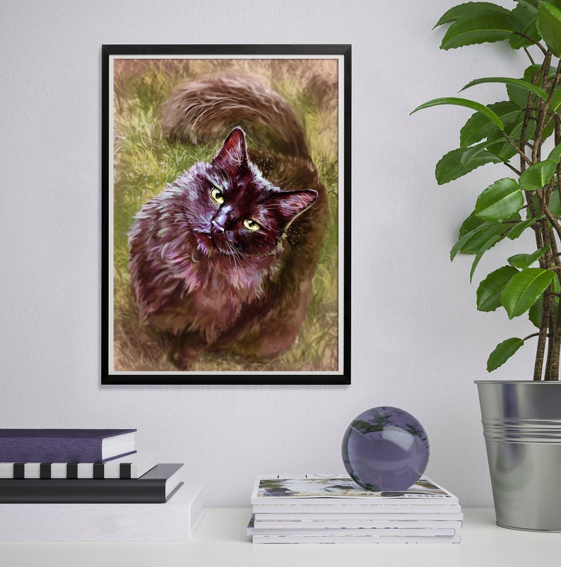 May include: A framed art print featuring a detailed illustration of a black cat with yellow eyes, set against a backdrop of green and brown tones. The cat is looking upwards, with its fluffy fur rendered in shades of purple and brown.