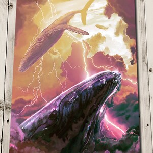 May include: A digital painting of two whales in a stormy sky. The whales are a dark purple color and are surrounded by lightning bolts. The sky is a mix of orange, yellow, and pink.