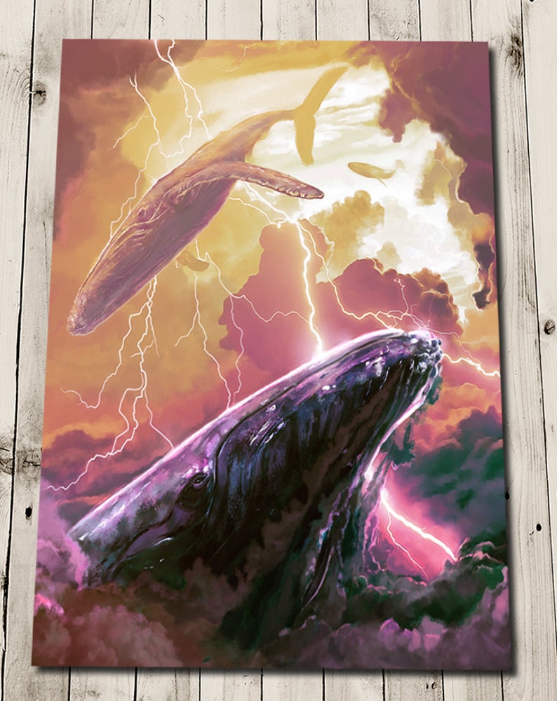 May include: A digital painting of two whales in a stormy sky. The whales are a dark purple color and are surrounded by lightning bolts. The sky is a mix of orange, yellow, and pink.