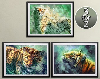 Prints Set of 3 - Big Cat Print Set - Big Cat Art - Wall Art Prints - Wall Art Trio - Wall Art Print Set of 3 - Wall Art Animal Safari Print