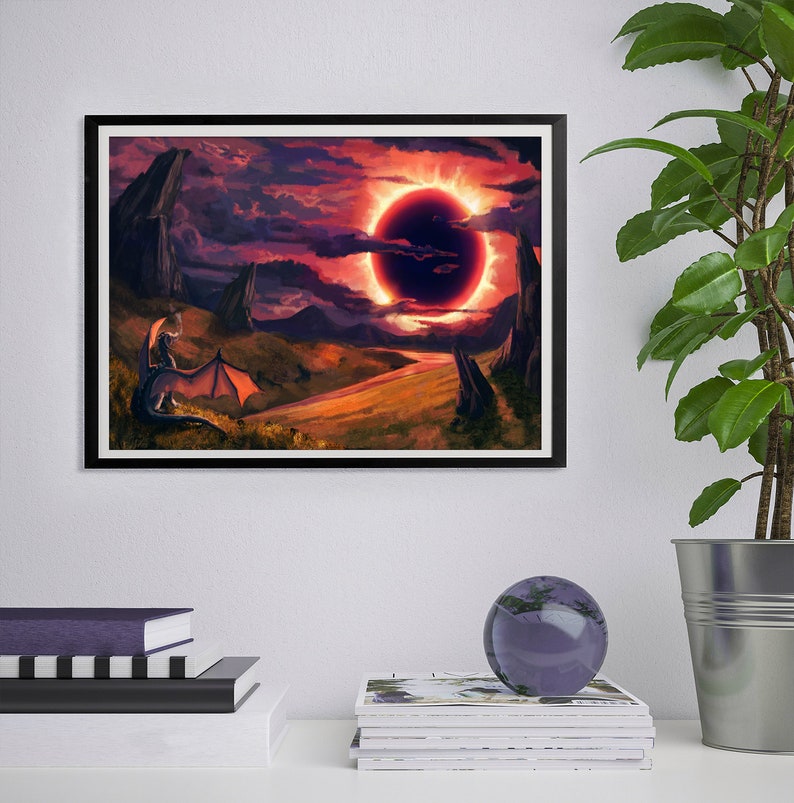 May include: A digital painting of a red and black dragon with its wings spread, looking up at a large, dark red sun with a black center. The sun is surrounded by a ring of fire. The dragon is standing on a grassy field with rocky mountains in the background.