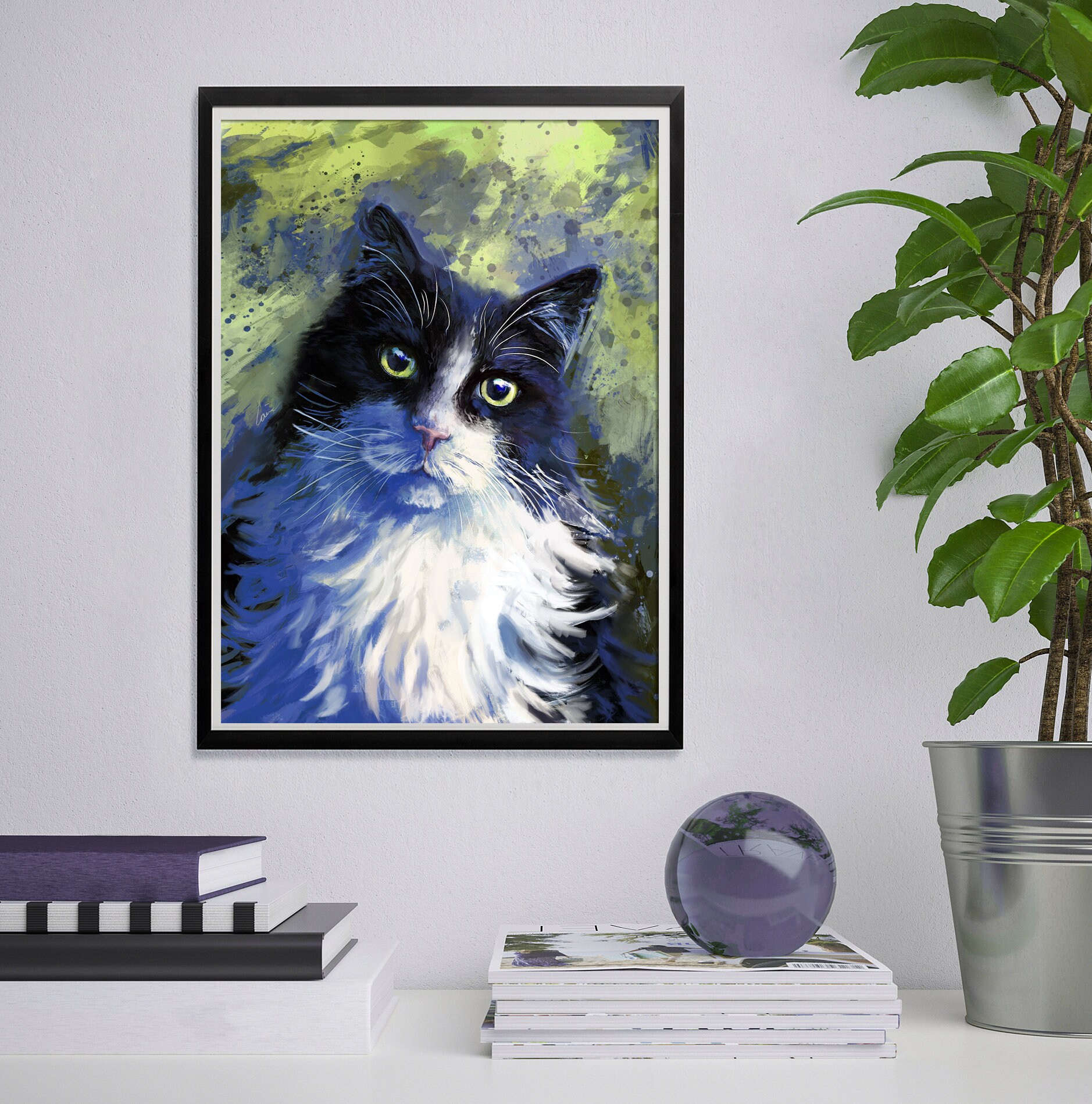 Tuxedo Cat Art Print - Fluffy Black and White Cat Painting Print - Cat ...