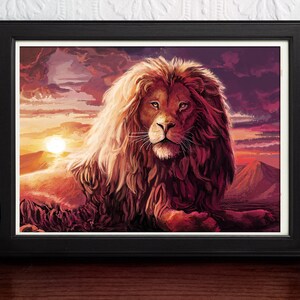 May include: A majestic lion with a thick mane of reddish-brown fur sits in a dramatic landscape with a sunset in the background. The lion's eyes are focused on the viewer, and its expression is calm and powerful.