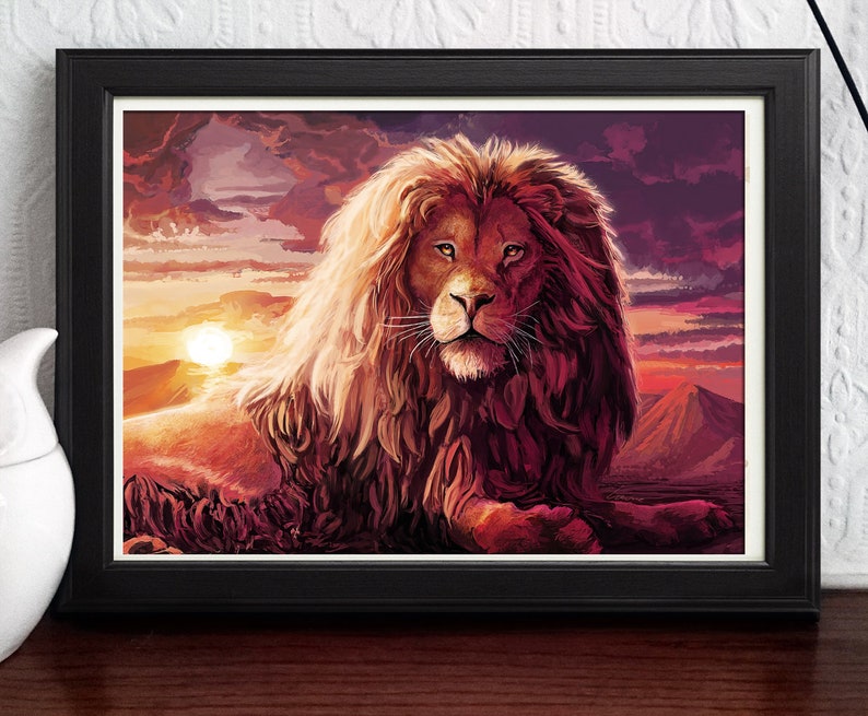 May include: A majestic lion with a thick mane of reddish-brown fur sits in a dramatic landscape with a sunset in the background. The lion's eyes are focused on the viewer, and its expression is calm and powerful.