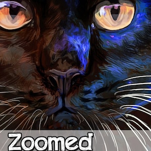 May include: Close-up of a black cat's face with bright yellow eyes. The cat's fur is dark and glossy, and its whiskers are long and white. The image is zoomed in on the cat's face, showing its features in detail.