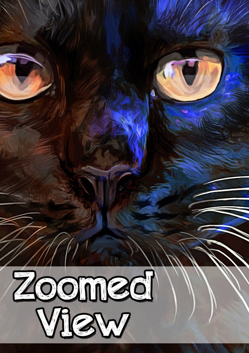 May include: Close-up of a black cat's face with bright yellow eyes. The cat's fur is dark and glossy, and its whiskers are long and white. The image is zoomed in on the cat's face, showing its features in detail.