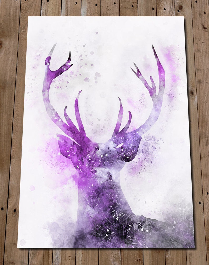 May include: A watercolor painting of a deer with large antlers. The deer is painted in shades of purple and gray, with a white background.
