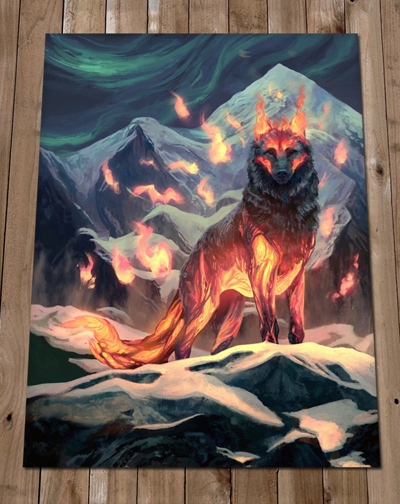 May include: A fiery wolf stands on a snowy mountain peak, surrounded by flames and a green aurora borealis in the sky. The wolf's fur is black with glowing orange flames emanating from its body.